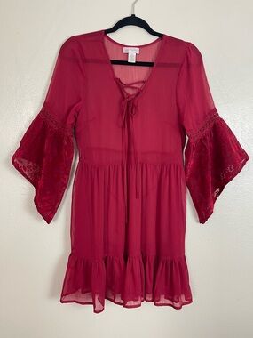 Band of Gypsies red Lace-Up sheer Mini Dress overlay